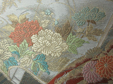 Load image into Gallery viewer, Fukuro Obi Gold Mist green Peony Chrysanthemum Wave Silk BB130W8
