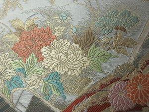 Fukuro Obi Gold Mist green Peony Chrysanthemum Wave Silk BB130W8