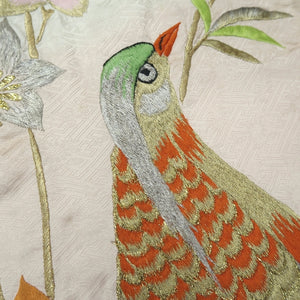 KK1292B6 Silk Kimono Fabric Vintage(1950-1980) Embroidery Birds Branch Light Pink White 38.6x12.2in(98x31cm)
