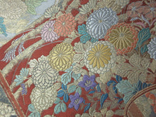 Load image into Gallery viewer, Fukuro Obi Gold Mist green Peony Chrysanthemum Wave Silk BB130W8
