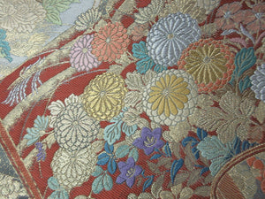 Fukuro Obi Gold Mist green Peony Chrysanthemum Wave Silk BB130W8