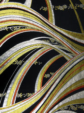 Load image into Gallery viewer, Fukuro Obi Vintage(1950-1980) Black Gold Silver Wave Flower Silk BB71W5
