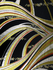 Fukuro Obi Vintage(1950-1980) Black Gold Silver Wave Flower Silk BB71W5
