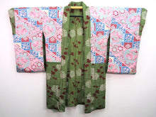 Load image into Gallery viewer, Haori Jacket Vintage(1920-1950) Long Type Naga-baori Moss Green Chrysanthemum #130
