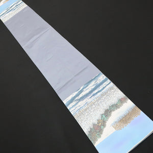 Fukuro Obi Vintage(1950-1980) Light Blue Minoru Sakuragi Winter Landscape Silk BB223V3