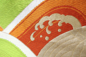 Fukuro Obi Vintage(1950-1980) Gold Green Orange Wave Silk BB145W9