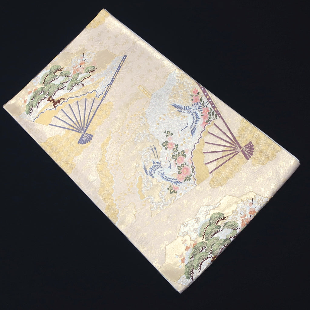 Fukuro Obi Vintage(1950-1980) Gold Folding Fan Crane Birds Silk BB184V1