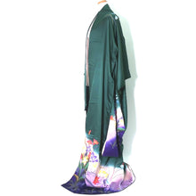 Load image into Gallery viewer, Furisode Dark Green Purple Hibiscus Bellflower Tall Silk #9160D5
