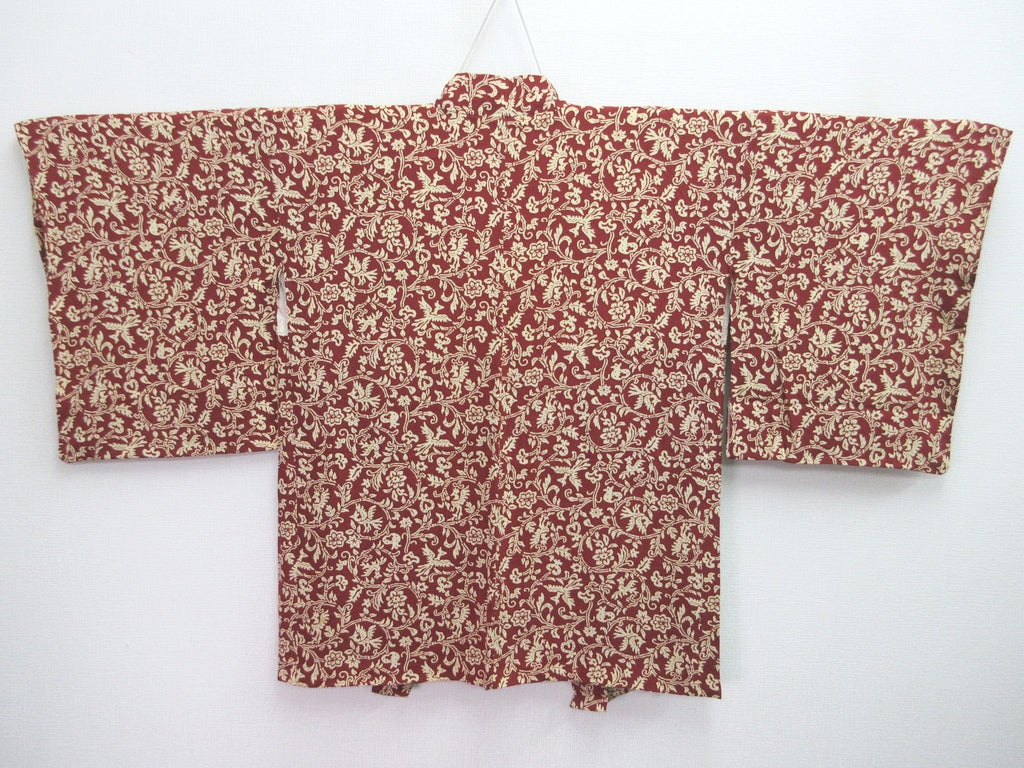 Haori Jacket Vintage(1950-1980) Wine red Birds Karahana Rinzu Silk #7864L4