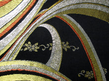 Load image into Gallery viewer, Fukuro Obi Vintage(1950-1980) Black Gold Silver Wave Flower Silk BB71W5
