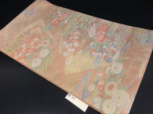 Load image into Gallery viewer, Fukuro Obi Gold Light Salmon Birds Chrysanthemum Silk BB131W8
