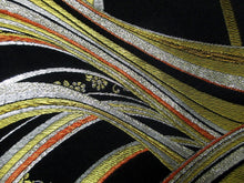 Load image into Gallery viewer, Fukuro Obi Vintage(1950-1980) Black Gold Silver Wave Flower Silk BB71W5
