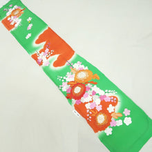 Load image into Gallery viewer, KK1284B5 Silk Kimono Fabric Vintage(1950-1980) Embroidery Ume Kiku Green 84.6x13.0in(215x33cm)
