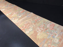 Load image into Gallery viewer, Fukuro Obi Gold Light Salmon Birds Chrysanthemum Silk BB131W8
