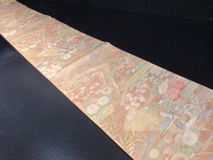 Fukuro Obi Gold Light Salmon Birds Chrysanthemum Silk BB131W8