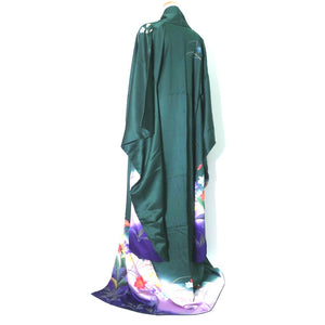 Furisode Dark Green Purple Hibiscus Bellflower Tall Silk #9160D5