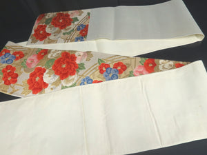 Fukuro Obi Vintage(1950-1980) Gold Silver Red Peony Silk BB92W6