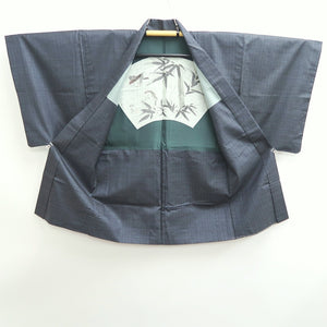 Men's Haori Vintage(1950-1980) Blue Black Bamboo Sparrow Silk #9385G1