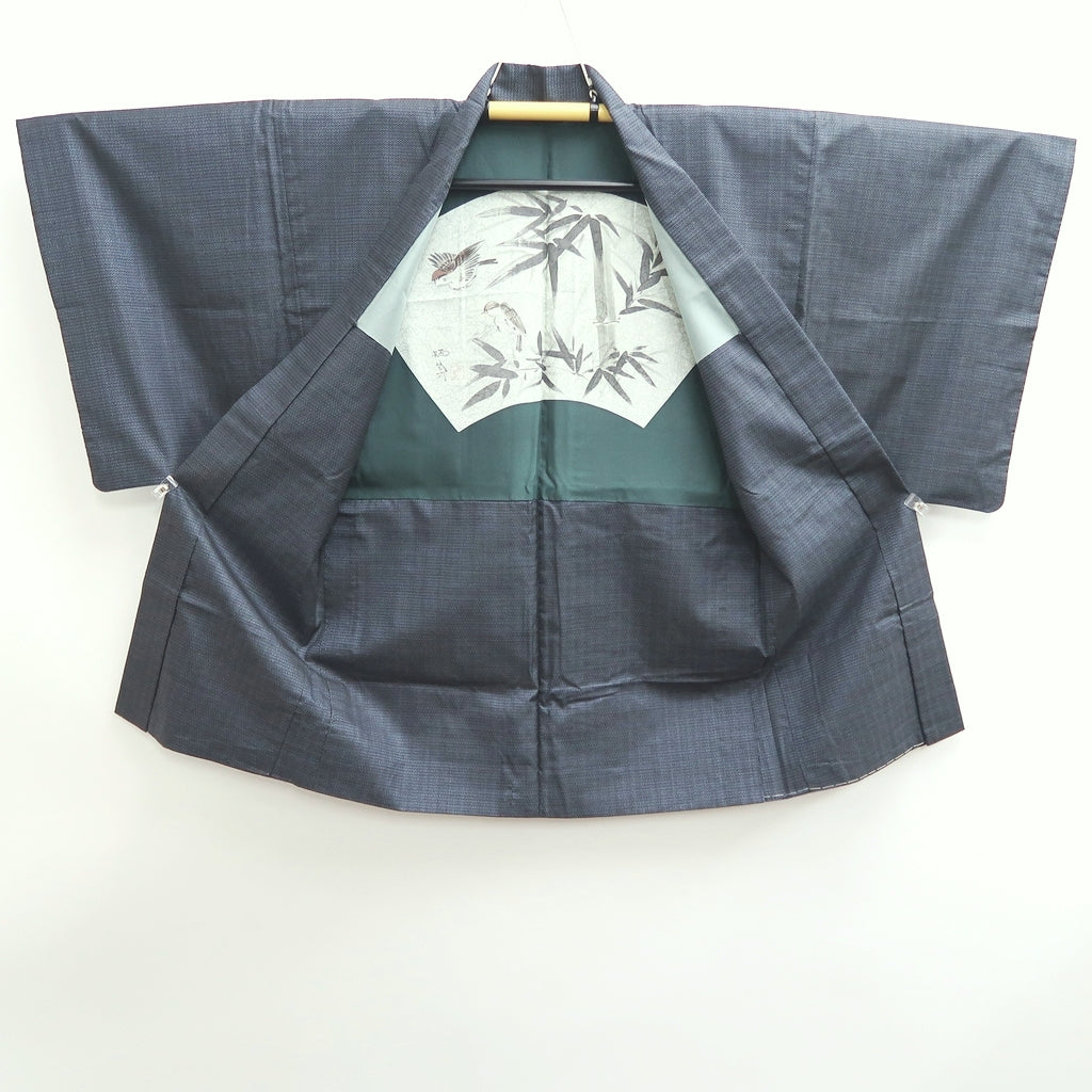 Men's Haori Vintage(1950-1980) Blue Black Bamboo Sparrow Silk #9385G1