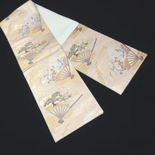 Load image into Gallery viewer, Fukuro Obi Vintage(1950-1980) Gold Folding Fan Crane Birds Silk BB184V1
