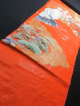 Load image into Gallery viewer, BCF#2846 Silk Kimono Fabric Vintage(1950-1980) Embroidery Crane Birds Vermillion 170cm (66.9in)
