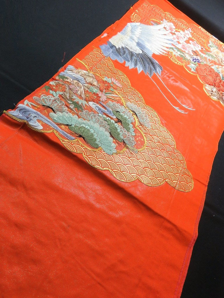 BCF#2846 Silk Kimono Fabric Vintage(1950-1980) Embroidery Crane Birds Vermillion 170cm (66.9in)