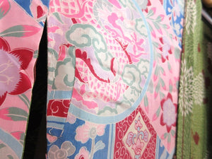Haori Jacket Vintage(1920-1950) Long Type Naga-baori Moss Green Chrysanthemum #130