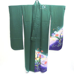 Furisode Dark Green Purple Hibiscus Bellflower Tall Silk #9160D5