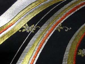 Fukuro Obi Vintage(1950-1980) Black Gold Silver Wave Flower Silk BB71W5