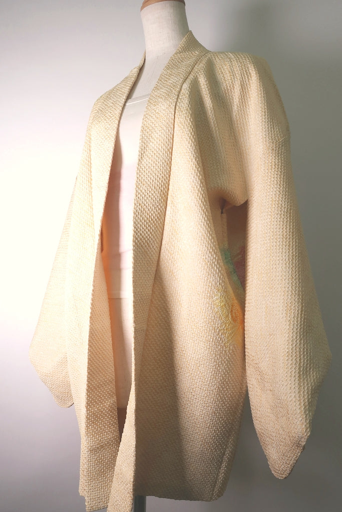 Haori Jacket Vintage(1950-1980) Pale Yellow Full Shibori Peony Silk #8832A5