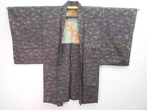 Haori Jacket Vintage(1920-1950) Black Plum blossom Meisen Long Silk #8054N4
