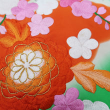 Load image into Gallery viewer, KK1284B5 Silk Kimono Fabric Vintage(1950-1980) Embroidery Ume Kiku Green 84.6x13.0in(215x33cm)
