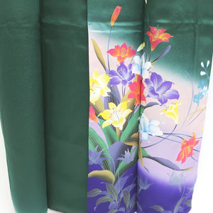 Furisode Dark Green Purple Hibiscus Bellflower Tall Silk #9160D5