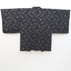 Haori Jacket Vintage(1950-1980) Black Silver Gold Peacock feather Silk #9541H2