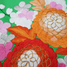 Load image into Gallery viewer, KK1284B5 Silk Kimono Fabric Vintage(1950-1980) Embroidery Ume Kiku Green 84.6x13.0in(215x33cm)
