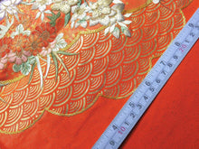 Load image into Gallery viewer, BCF#2846 Silk Kimono Fabric Vintage(1950-1980) Embroidery Crane Birds Vermillion 170cm (66.9in)
