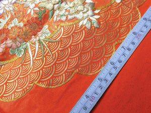 BCF#2846 Silk Kimono Fabric Vintage(1950-1980) Embroidery Crane Birds Vermillion 170cm (66.9in)