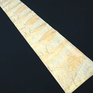 Fukuro Obi Vintage(1950-1980) Gold Zen Temple Landscape Silk BB252V4