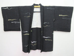 Haori Jacket Vintage(1950-1980) Black Gold Silver Abstract art Silk #7865L4