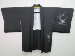 Haori Jacket Vintage(1950-1980) Black Embroidery Flower Branch Silk #7672J3