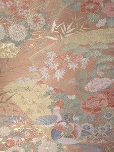Fukuro Obi Gold Light Salmon Birds Chrysanthemum Silk BB131W8