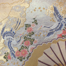 Load image into Gallery viewer, Fukuro Obi Vintage(1950-1980) Gold Folding Fan Crane Birds Silk BB184V1
