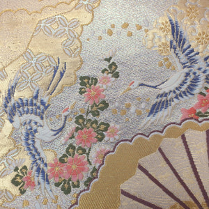 Fukuro Obi Vintage(1950-1980) Gold Folding Fan Crane Birds Silk BB184V1