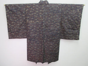 Haori Jacket Vintage(1920-1950) Black Plum blossom Meisen Long Silk #8054N4
