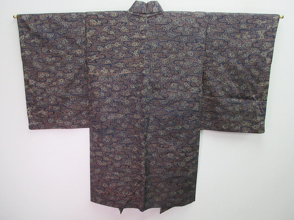 Haori Jacket Vintage(1920-1950) Black Plum blossom Meisen Long Silk #8054N4