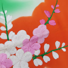 Load image into Gallery viewer, KK1284B5 Silk Kimono Fabric Vintage(1950-1980) Embroidery Ume Kiku Green 84.6x13.0in(215x33cm)
