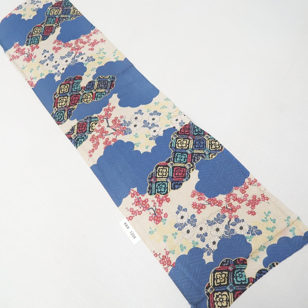KK1334B6 Silk Kimono Fabric Vintage(1920-1950) Sayagata Branch Blue 49.2x11.8in(125x30cm)