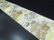 Load image into Gallery viewer, Maru Obi Vintage(1920-1950) Beige Crane Birds Chrysanthemum Silk BB52W4
