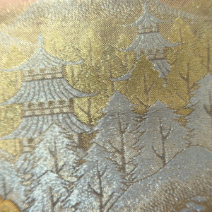 Fukuro Obi Vintage(1950-1980) Gold Zen Temple Landscape Silk BB252V4