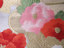 Load image into Gallery viewer, Fukuro Obi Vintage(1950-1980) Gold Silver Red Peony Silk BB92W6
